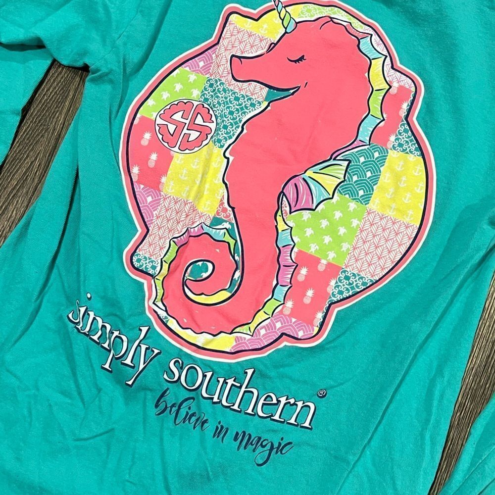 Simply Southern Tee Shirt Believe in Magic Seahorse Graphic Long Sleeve Blue S - Picture 3 of 5
